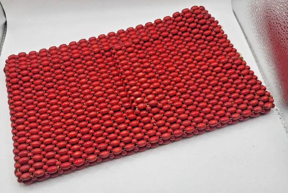 Antique Woven Wooden Beaded Clutch Handbag Made in Czechoslovakia 10in by 6in